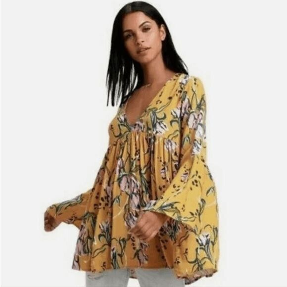 Free People size Small Bella Printed Tunic/ Mini Dress in Yellow Floral - Picture 4 of 16